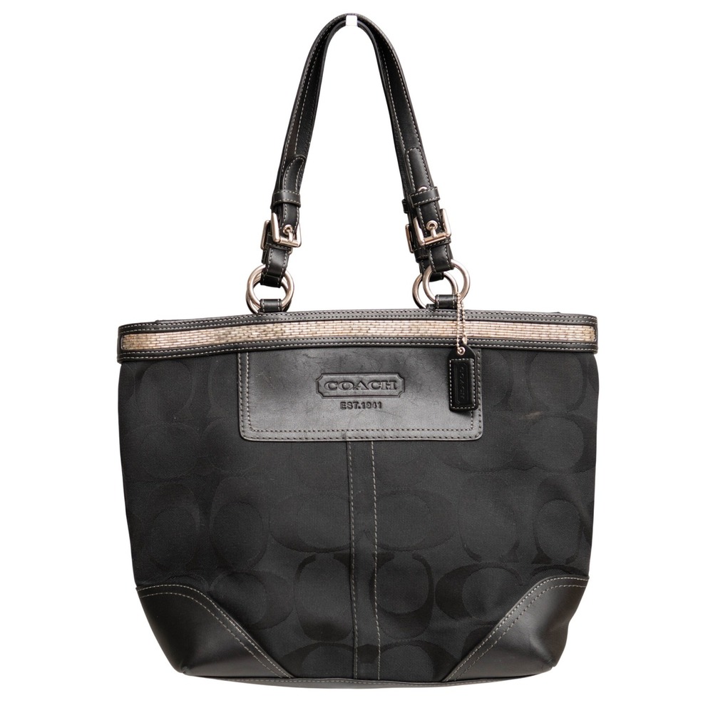Vintage COACH Monogram Black‎ Canvas Leather Beaded Trim Y2K Black Shoulder Bag